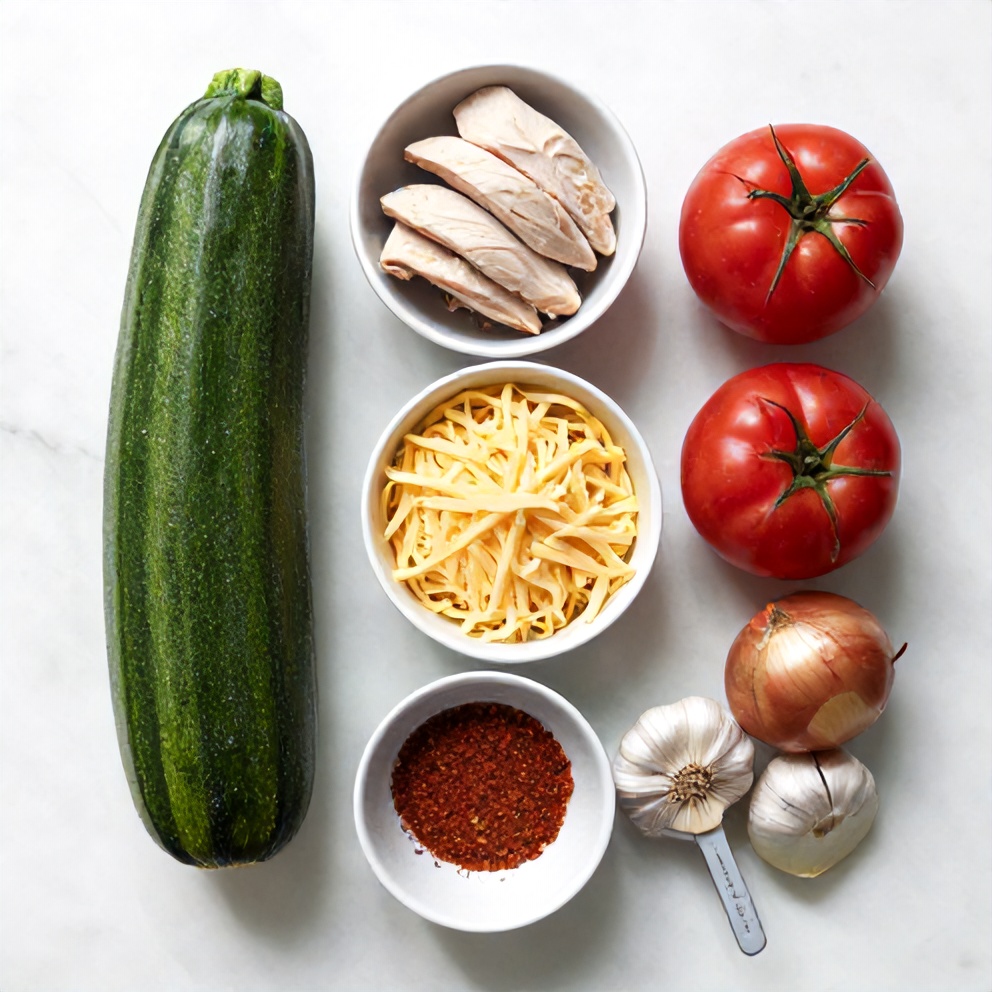 Raw ingredients for zucchini enchilada roll ups on a white marble surface