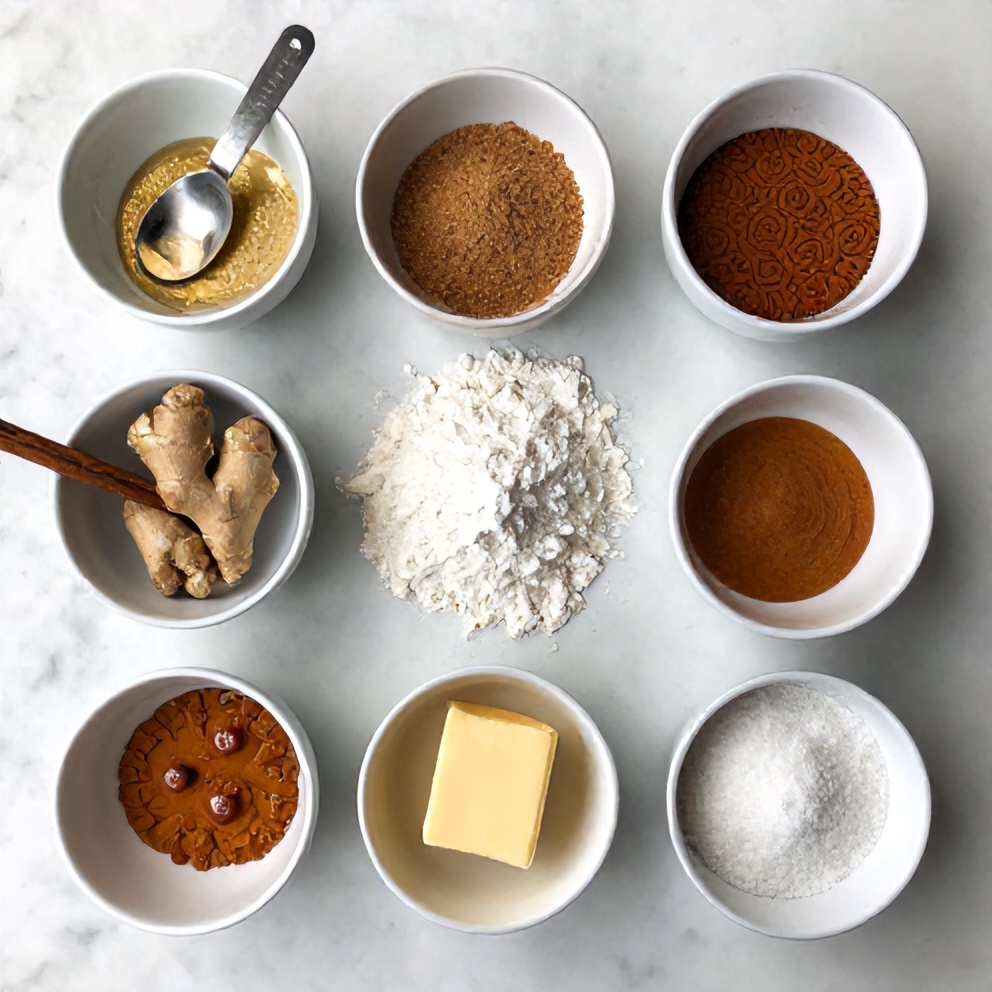 Ingredients for Fall Spiced Gingerbread Cake on a marble counter
