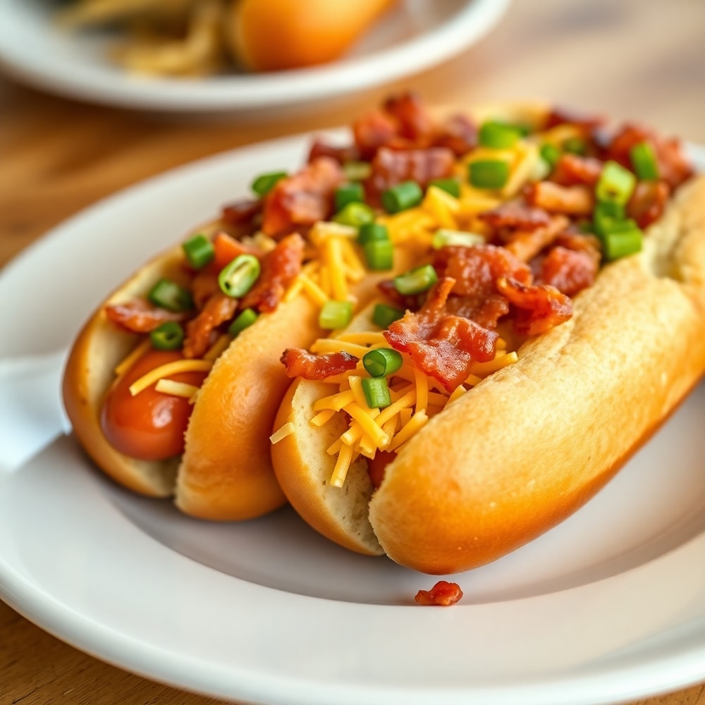 Plated firecracker hot dogs with spicy sauce and toppings