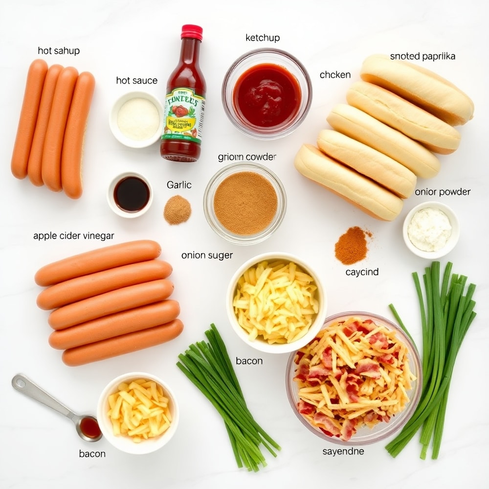 Ingredients for firecracker hot dogs: hot dogs, buns, chili sauce, cheese, etc.