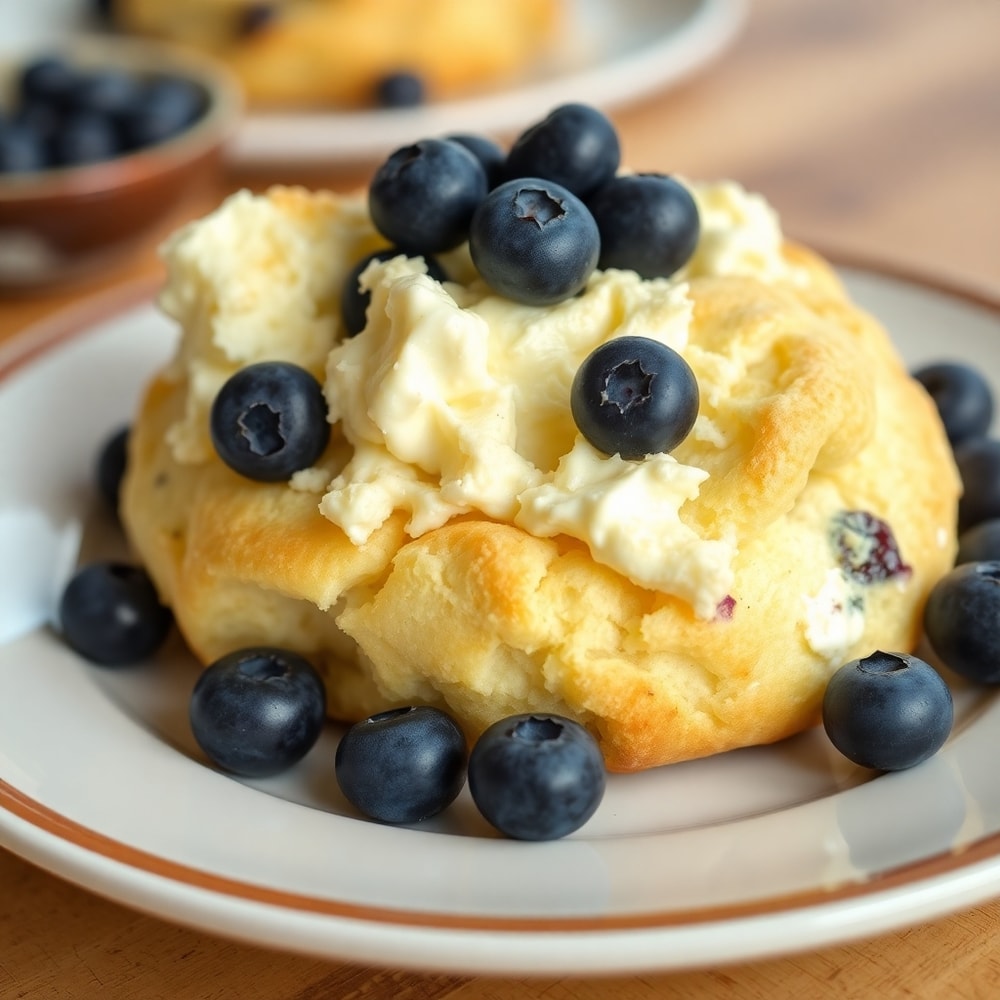 Plated Fluffy Cottage Cheese Blueberry Cloud Bread with fresh blueberries