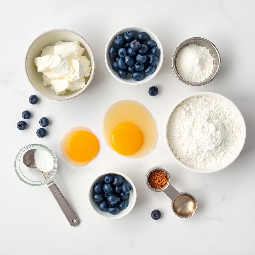Blueberries, cottage cheese, eggs, and almond flour arranged on a white marble surface