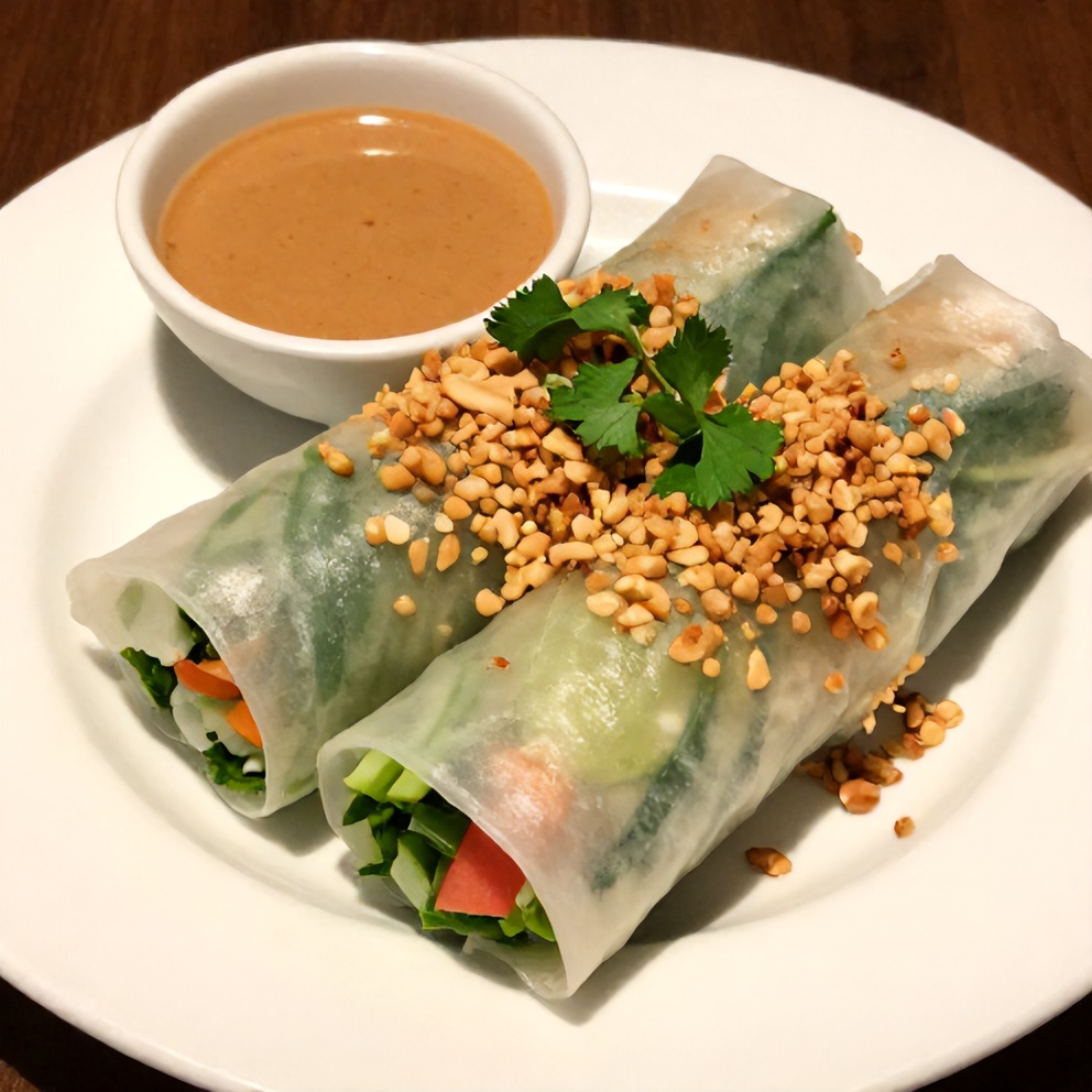 Plated Fresh Vietnamese Spring Rolls with Peanut Hoisin Dip