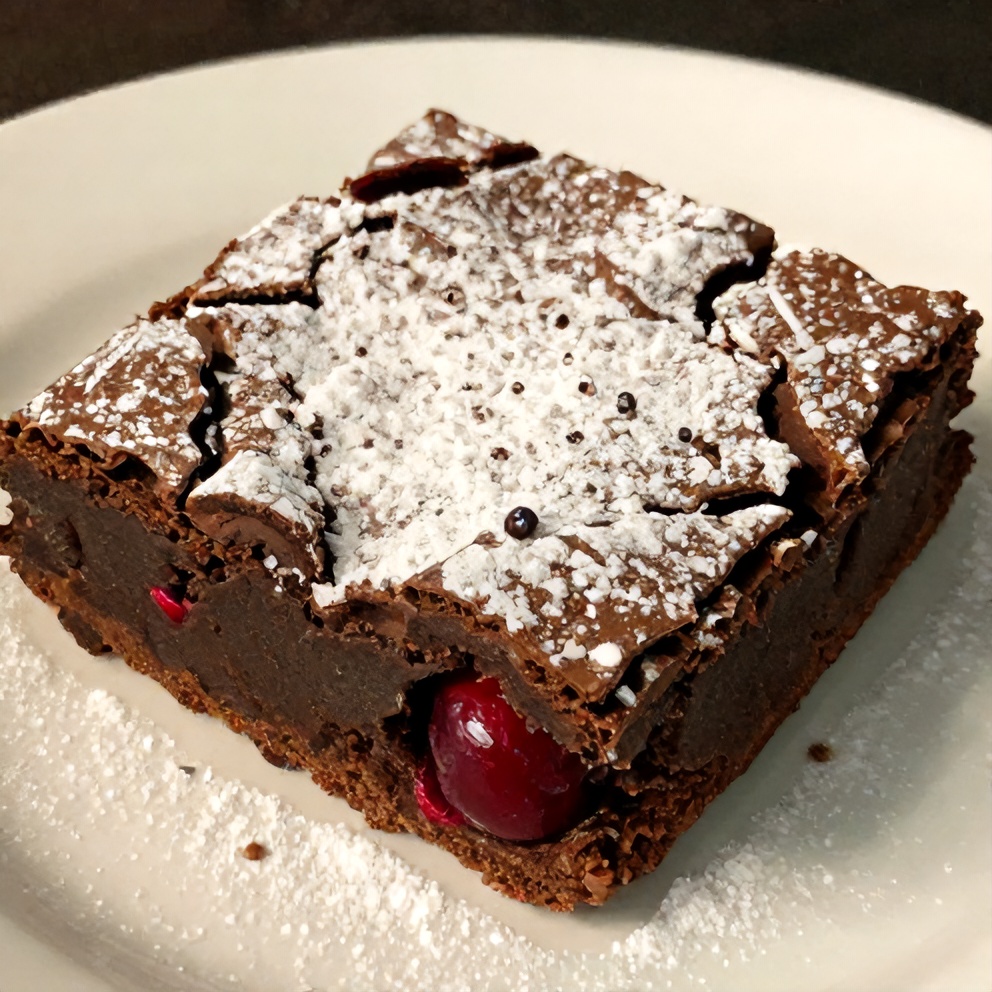 Plated Fudgy Cherry Chocolate Brownies with powdered sugar