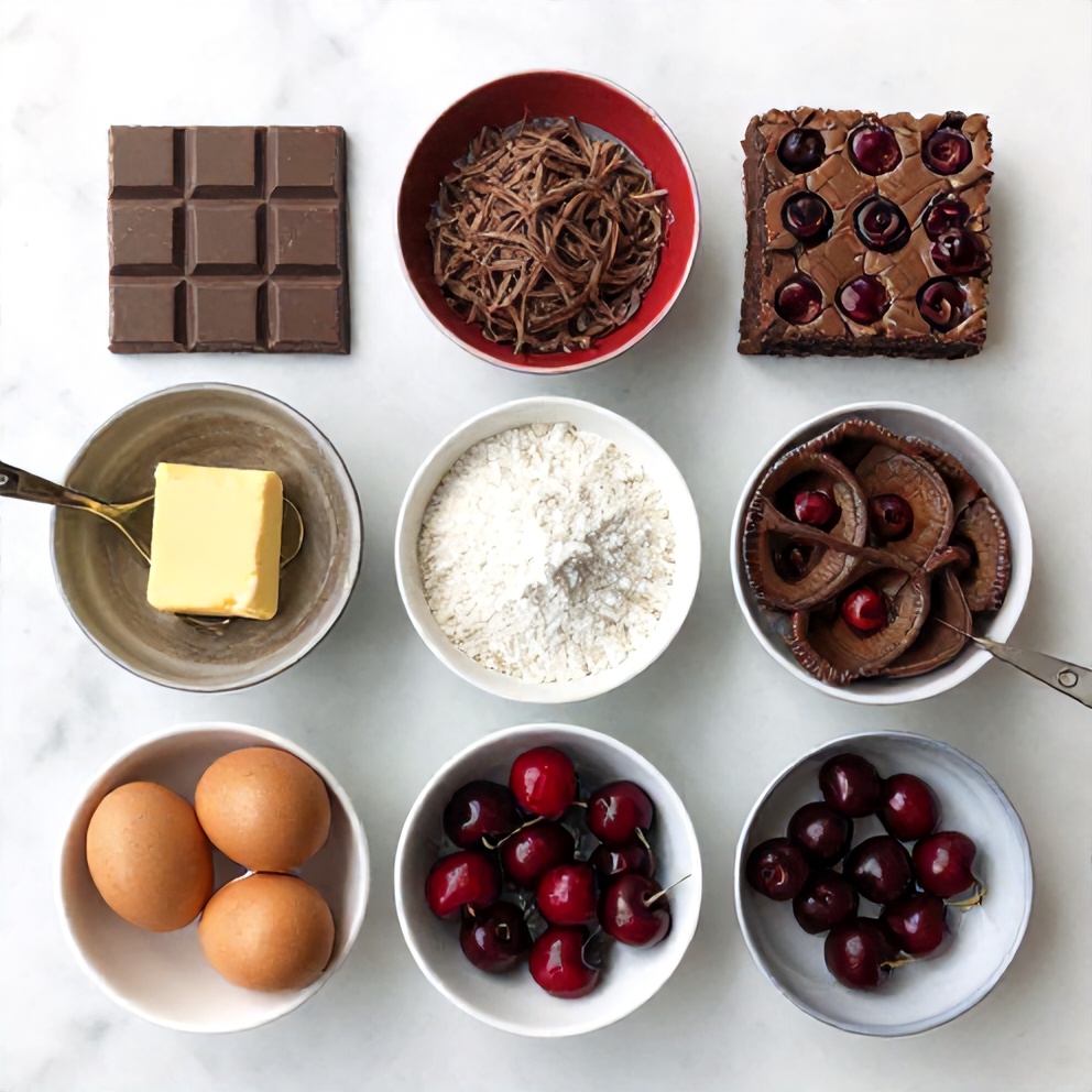Raw ingredients for Fudgy Cherry Chocolate Brownies: butter, chocolate, sugar, eggs, flour, cherries