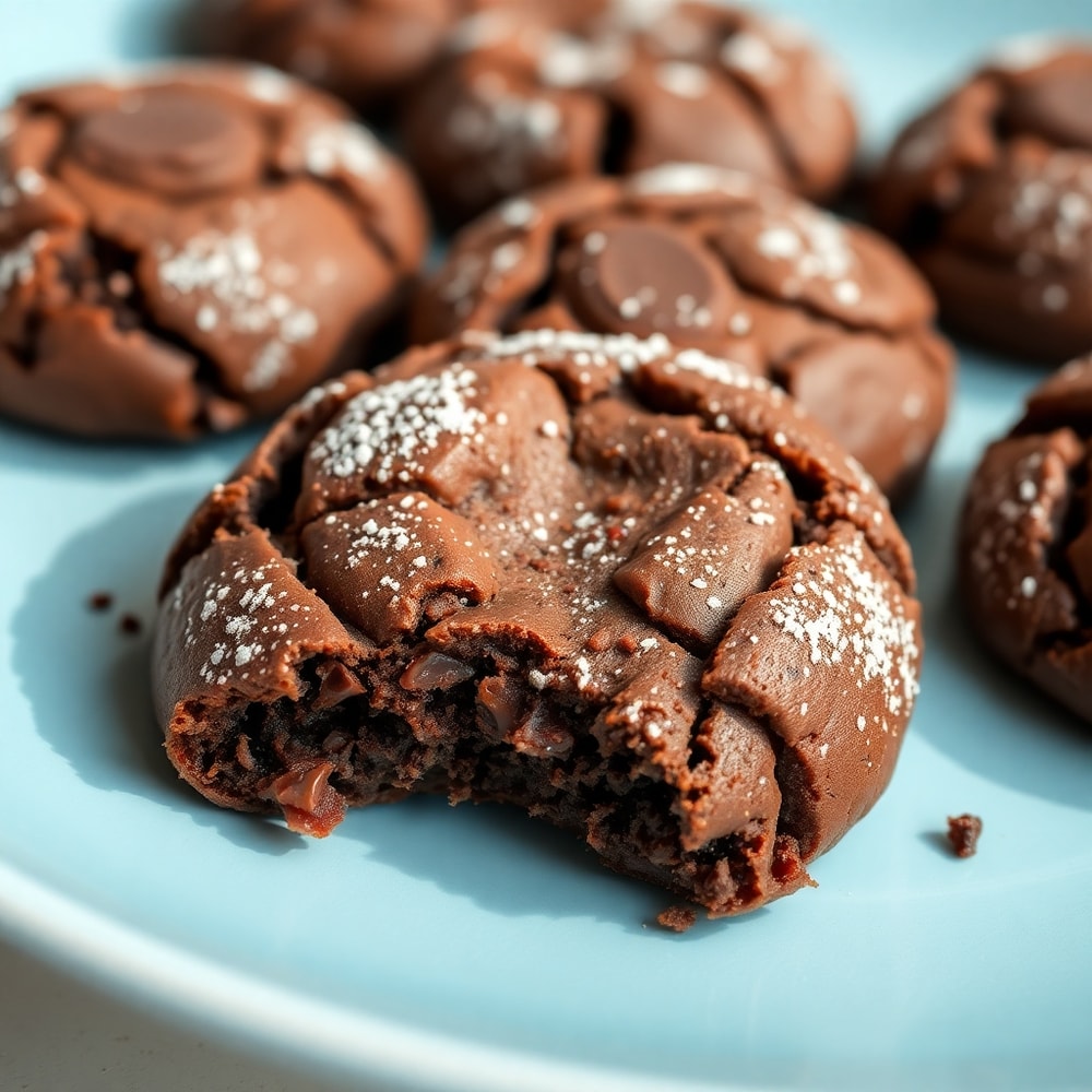 Fudgy Chocolate Brownie Cookies on a light blue plate