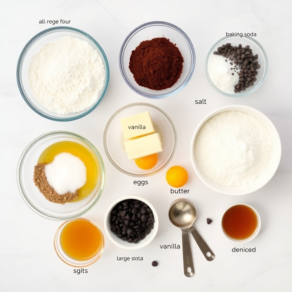 Raw ingredients for Fudgy Chocolate Brownie Cookies on a white marble surface
