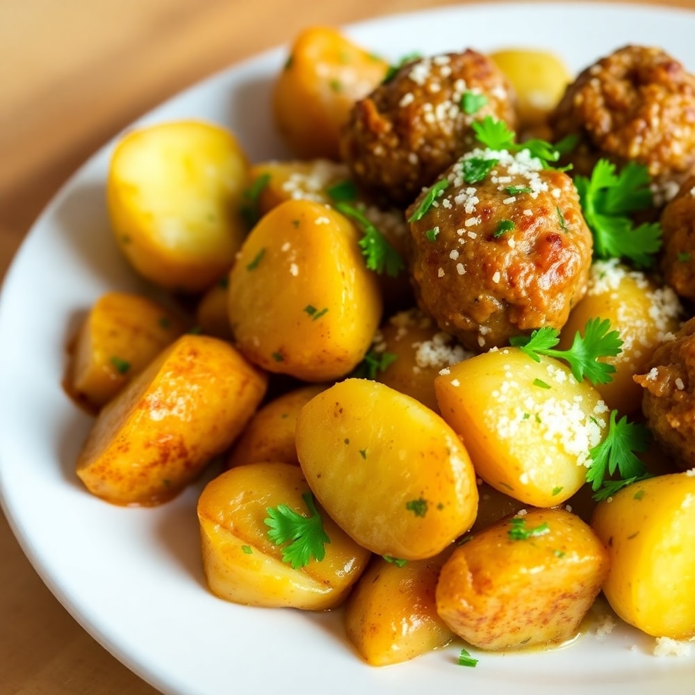Plated Garlic Butter Meatballs and Potatoes