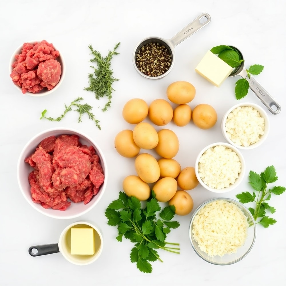 Raw ingredients for Garlic Butter Meatballs and Potatoes