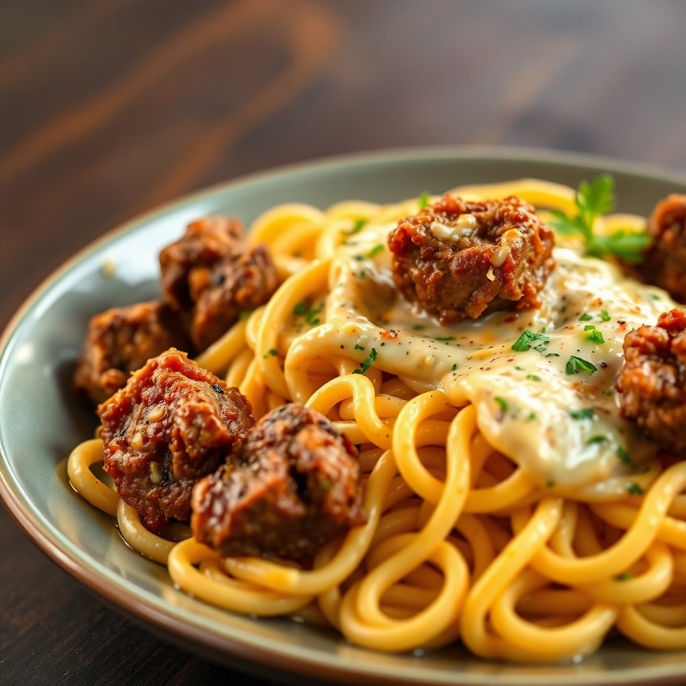 Garlic Butter Steak Bites Alfredo Pasta
