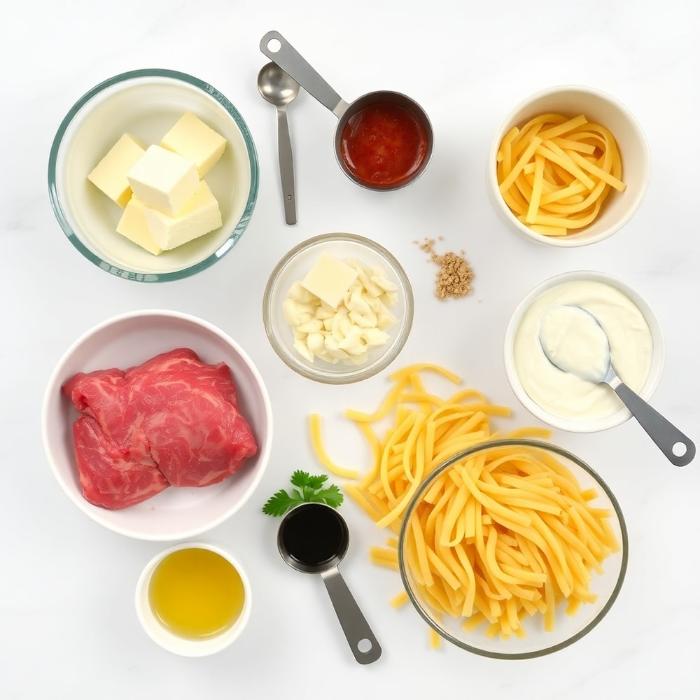 Raw ingredients for Garlic Butter Steak Bites with Spicy Cajun Alfredo Twisted Pasta