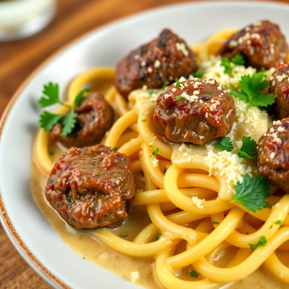 Plated Garlic Butter Steak Bites with Pasta and Parmesan Cream