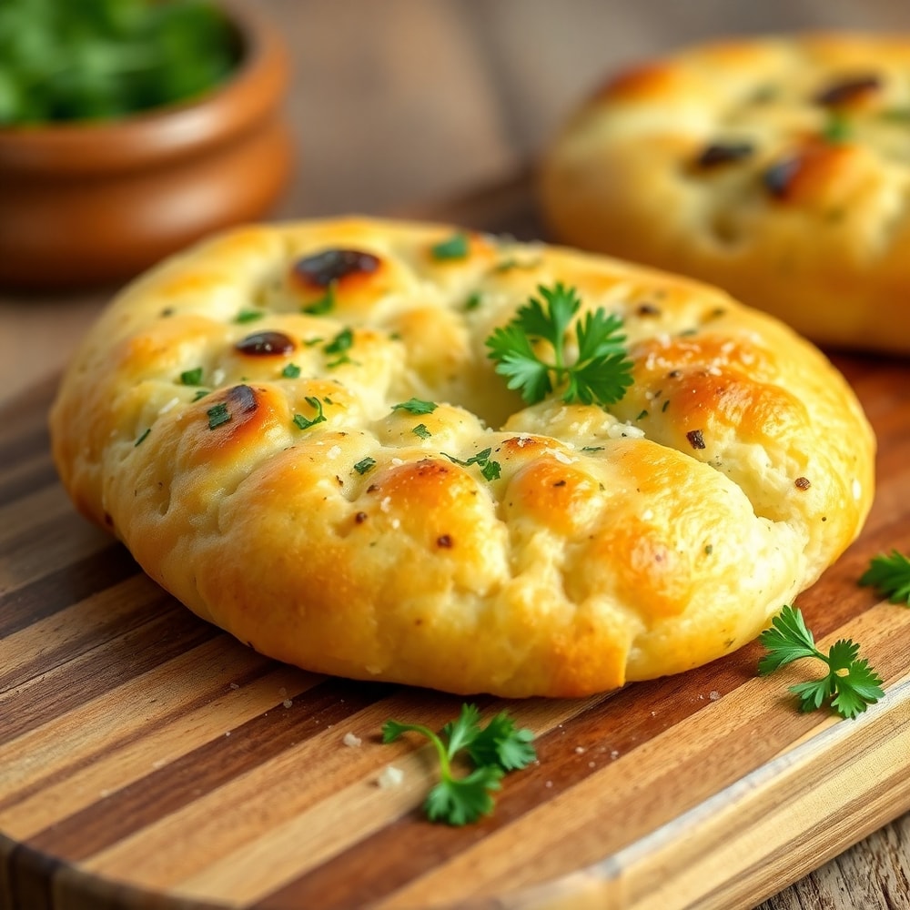 One perfect serving of Garlic Parmesan Focaccia on a wooden board, garnished with fresh parsley.