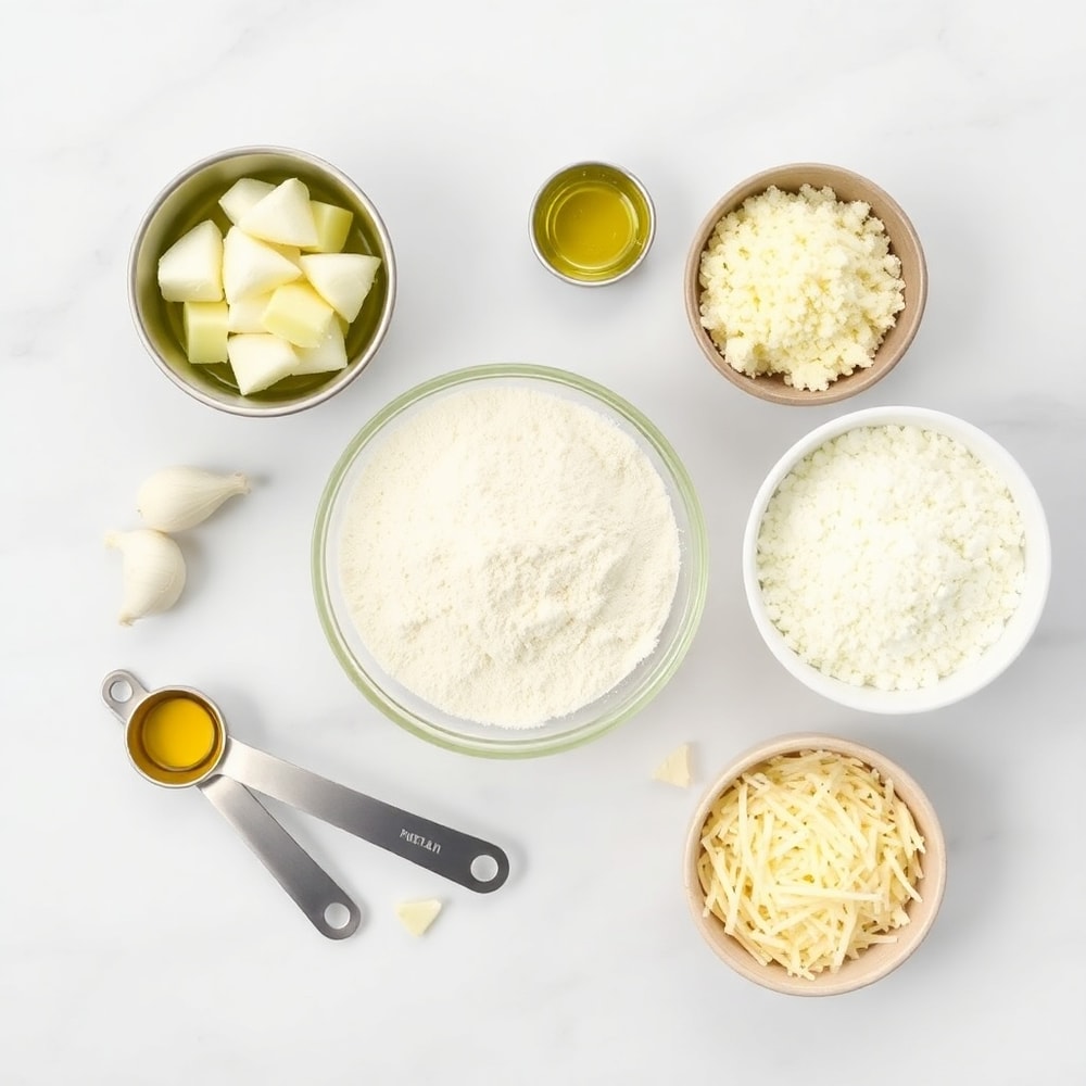 Overhead flat lay of garlic, olive oil, flour, yeast, and Parmesan cheese for Garlic Parmesan Focaccia.
