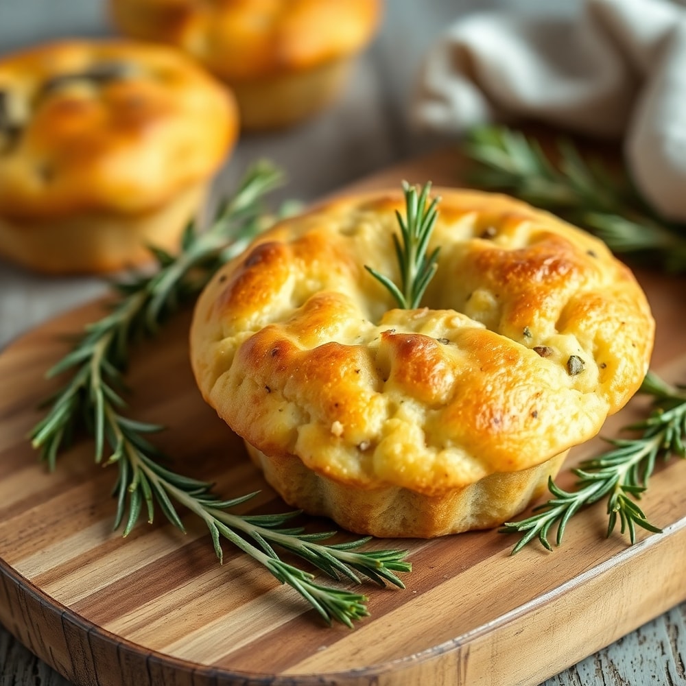 Garlic Rosemary Focaccia Muffins plated with fresh rosemary