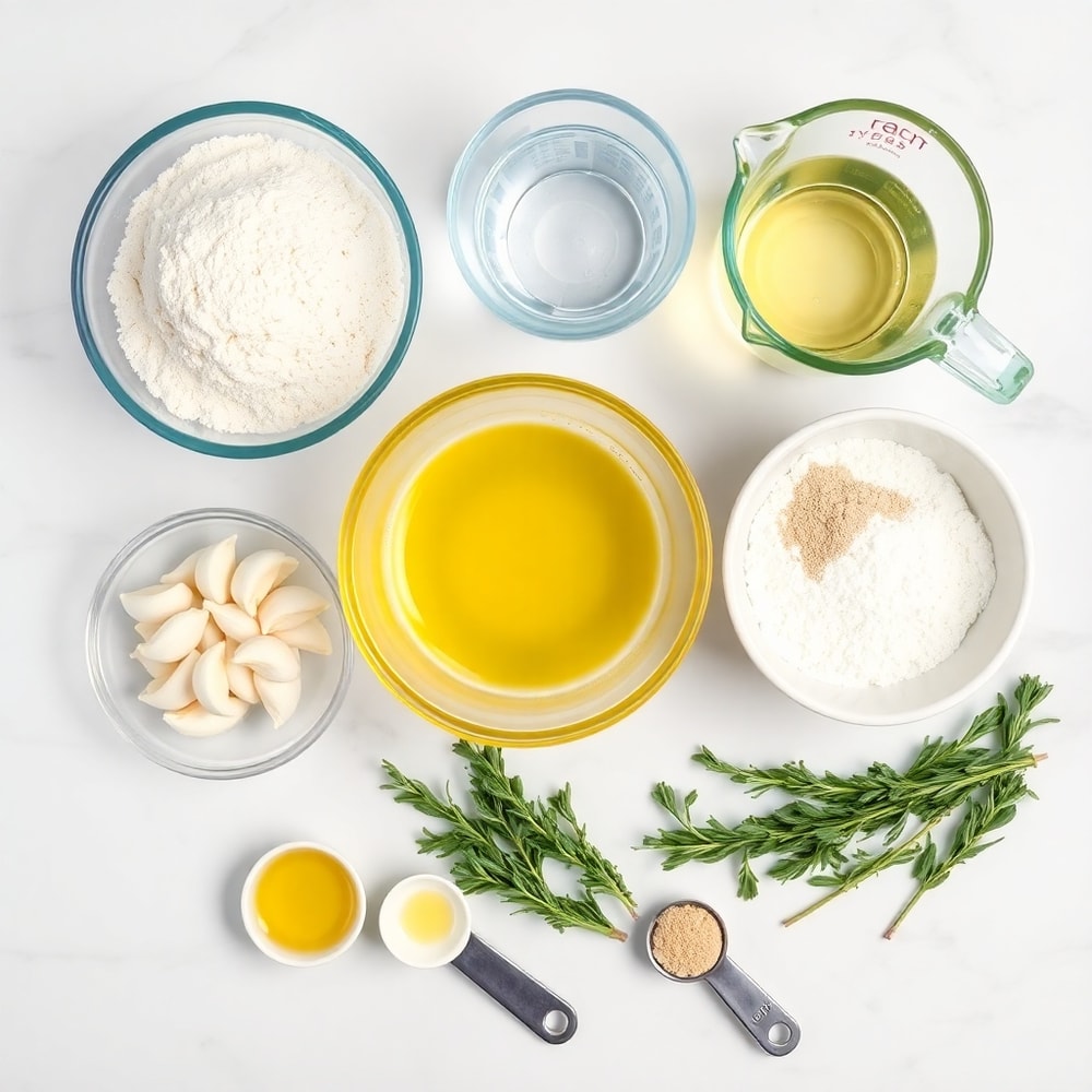 Garlic, rosemary, flour, and other ingredients for Garlic Rosemary Focaccia Muffins