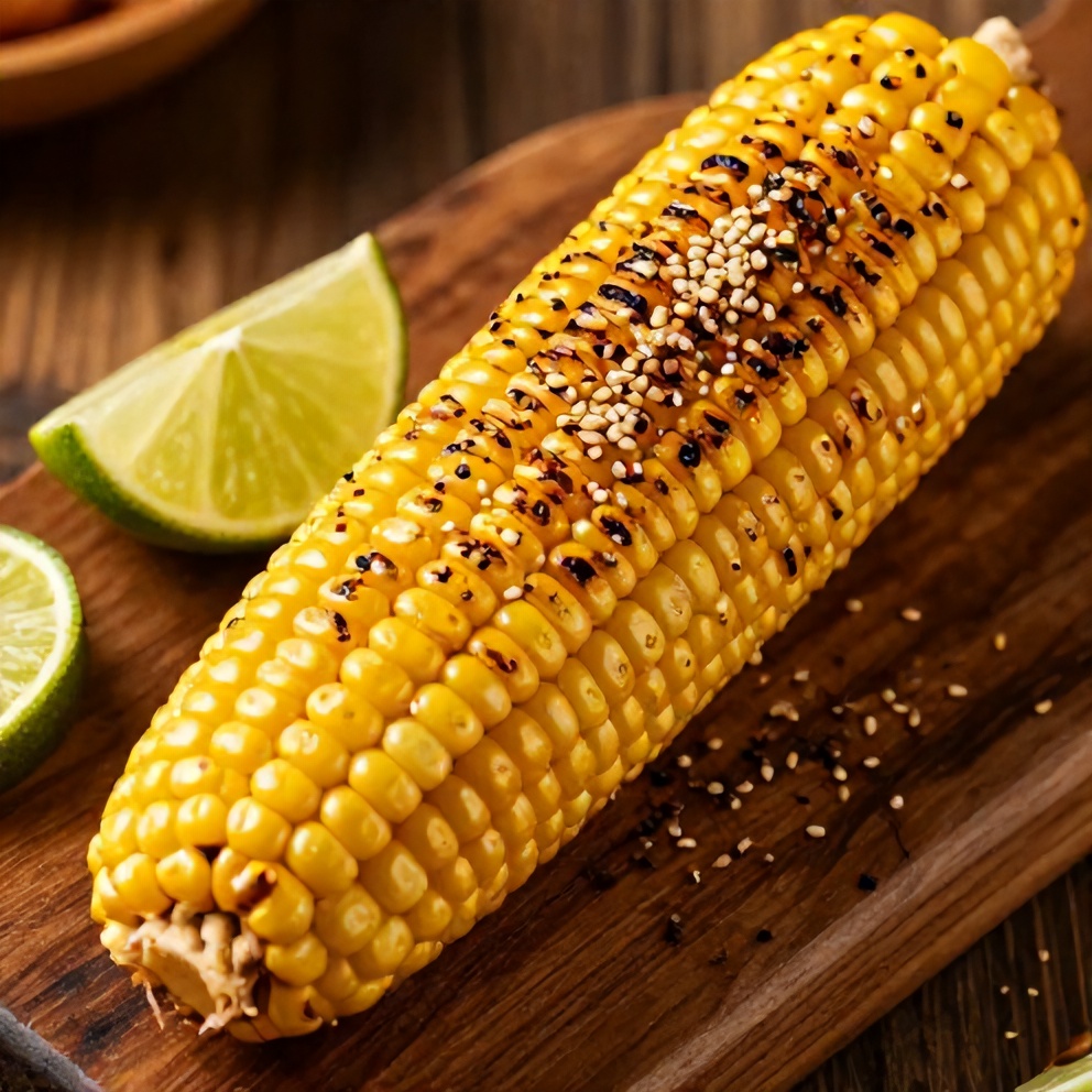 Plated grilled lemongrass chili corn with lime wedges and sesame seeds on a rustic wooden board