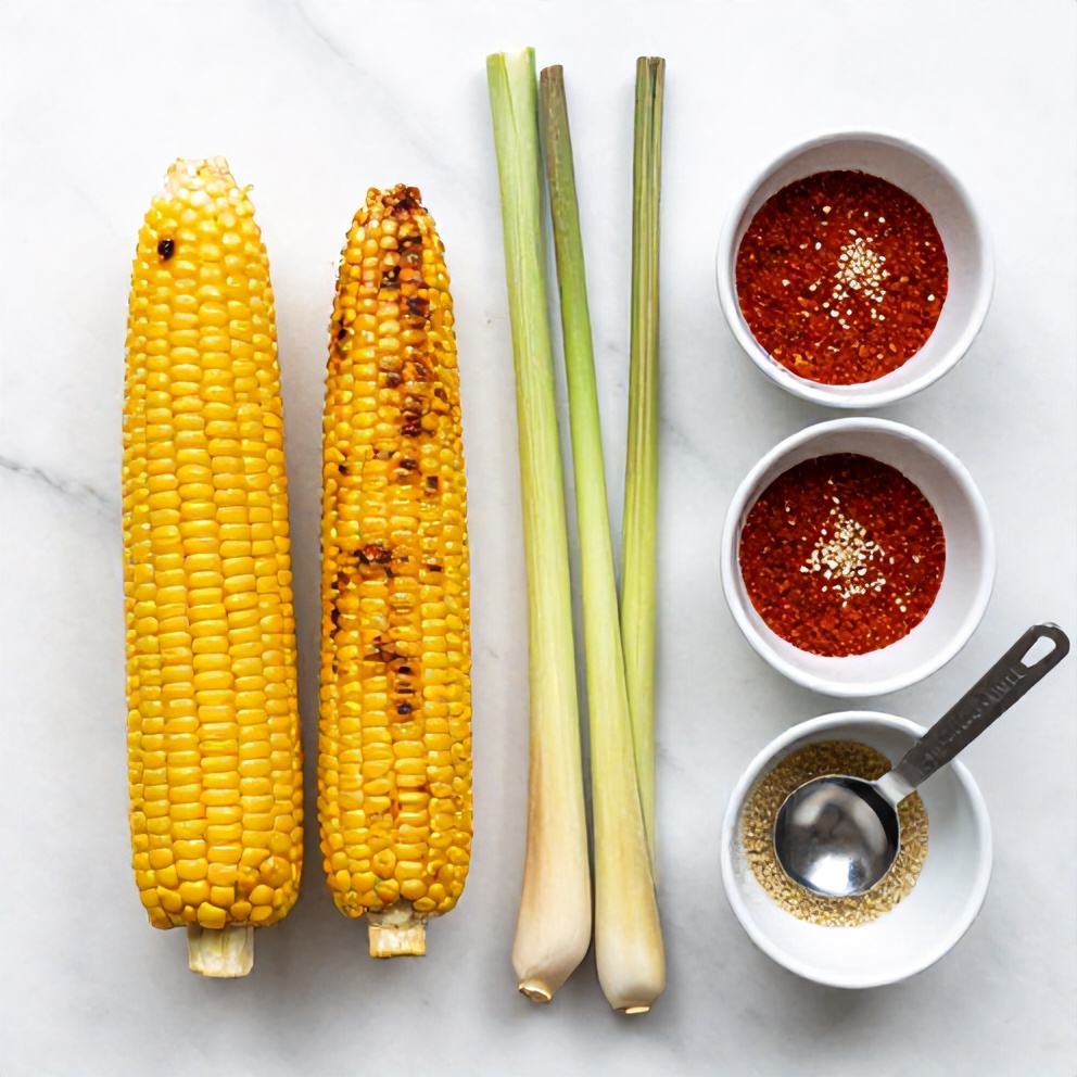 Raw ingredients for grilled lemongrass chili corn including corn on the cob, lemongrass, chili powder, and sesame seeds