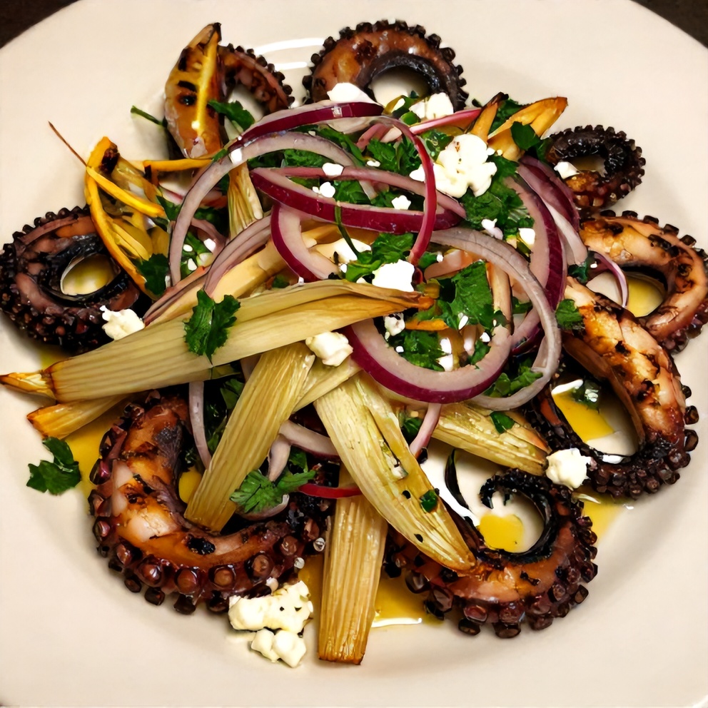 Plated Grilled Octopus Salad with Fennel and Citrus Dressing