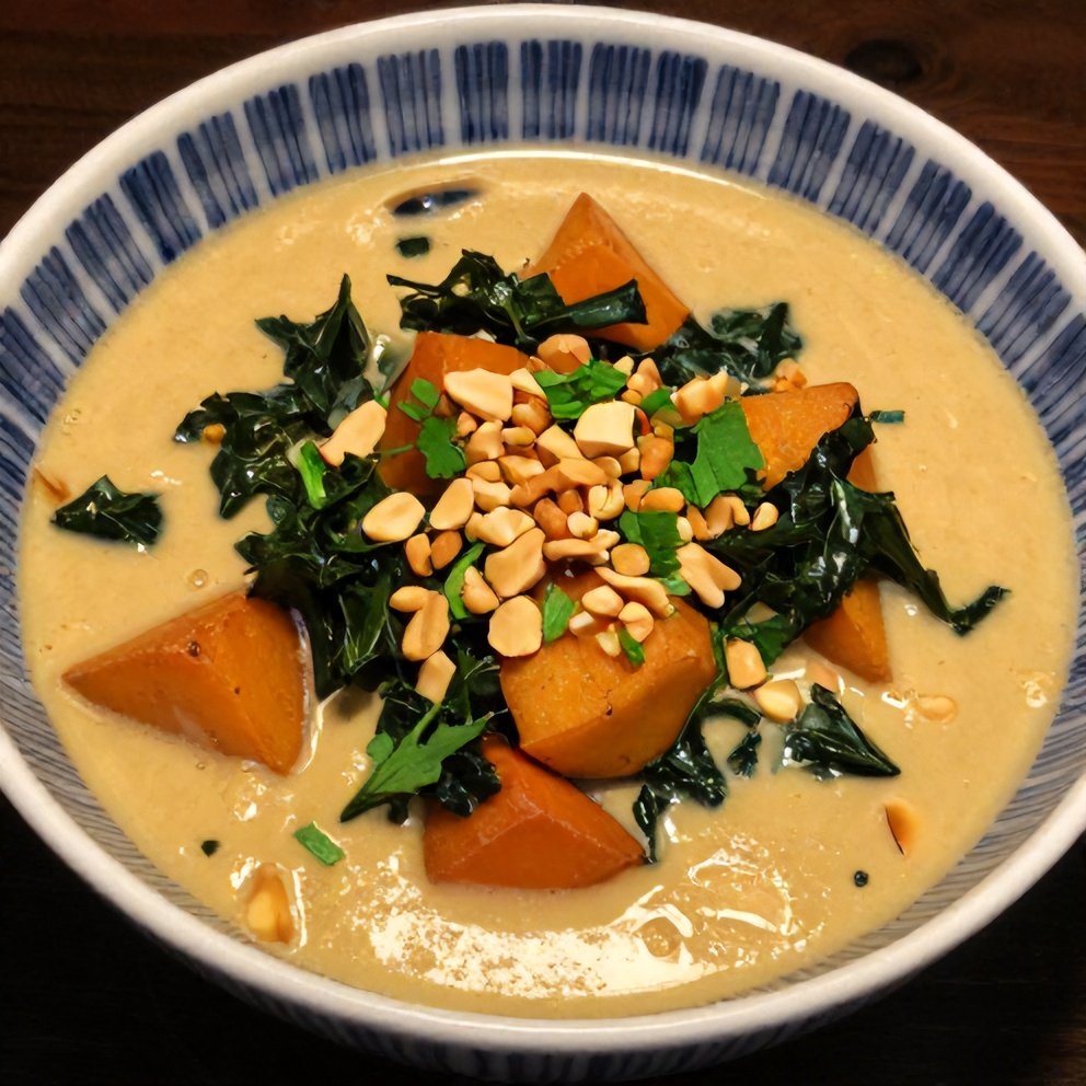 Bowl of creamy African Peanut Soup with sweet potatoes and kale
