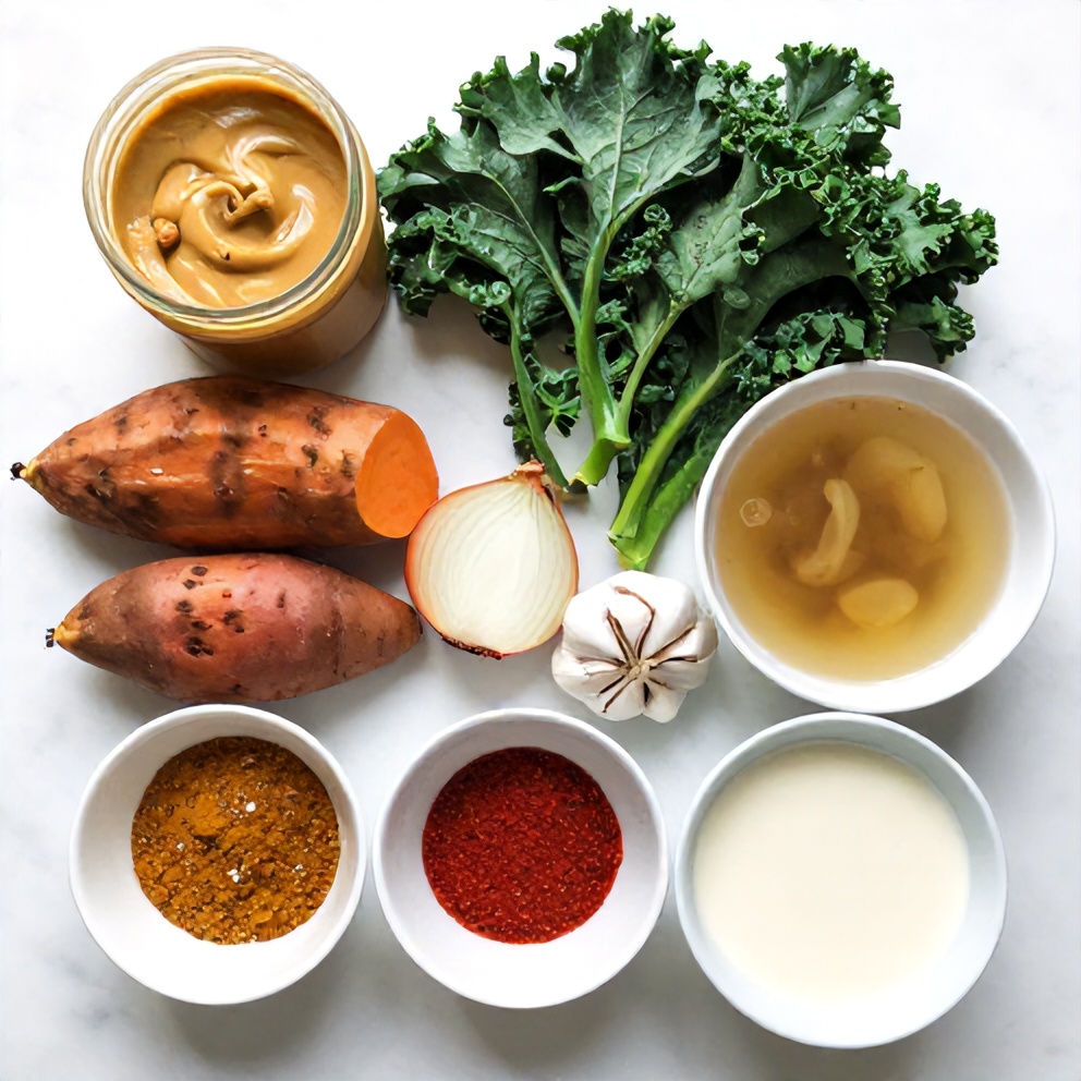 African Peanut Soup ingredients: peanut butter, sweet potatoes, kale, onion, garlic