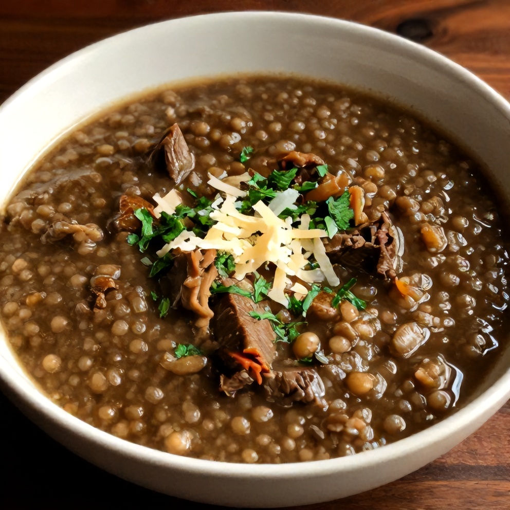 Hearty beef and barley soup served in a bowl