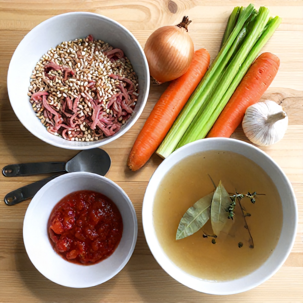 Ingredients for beef and barley soup on a wooden surface