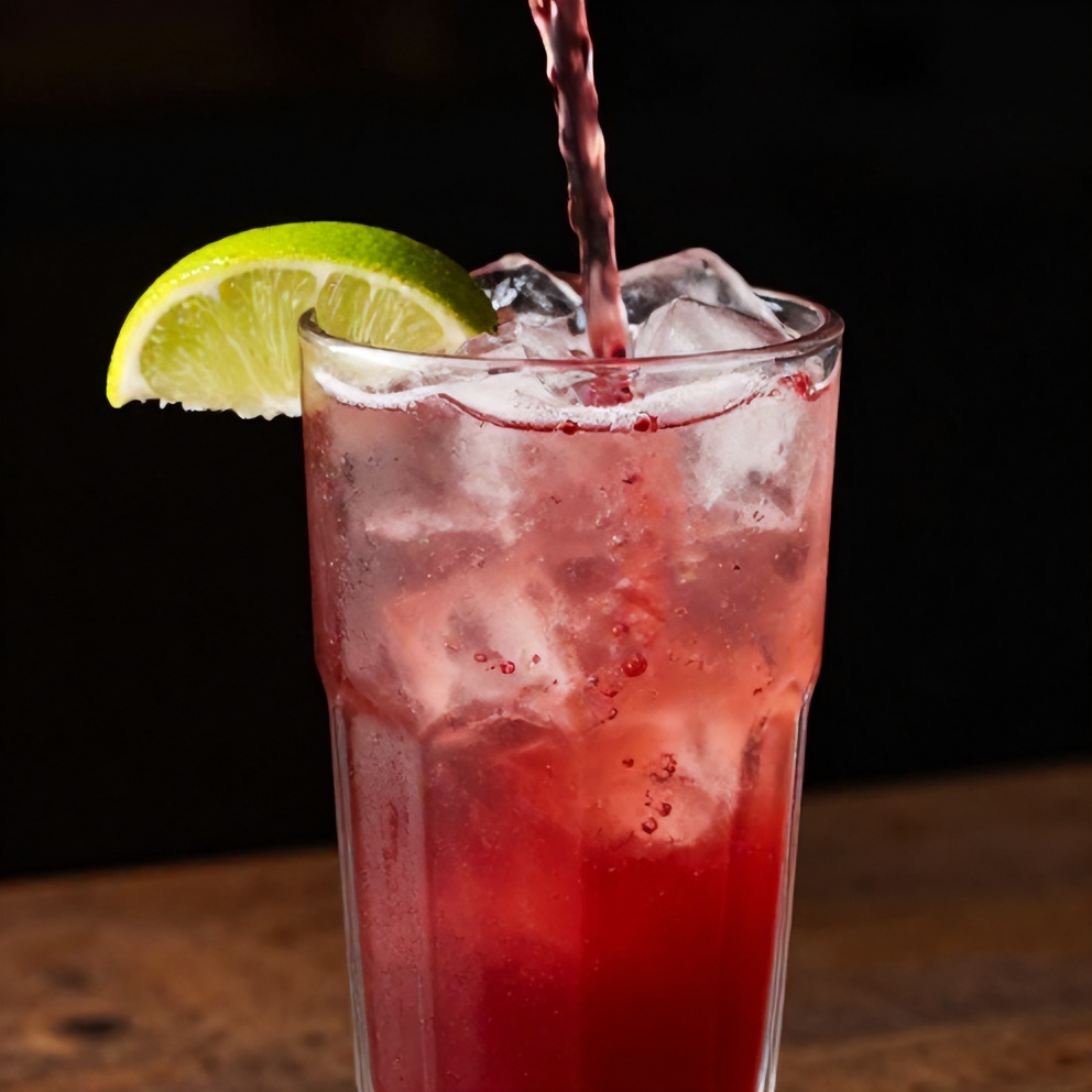 Hibiscus Tamarind Cooler poured into a glass with a lime wedge