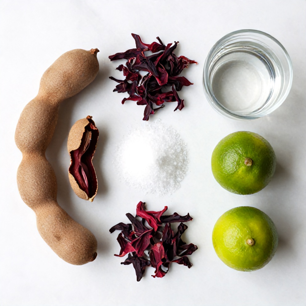 Hibiscus flowers, tamarind pods, sugar, water, and lime on a wooden surface