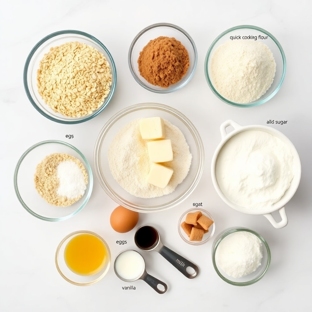 Raw ingredients for homemade oatmeal cream pies on a marble surface