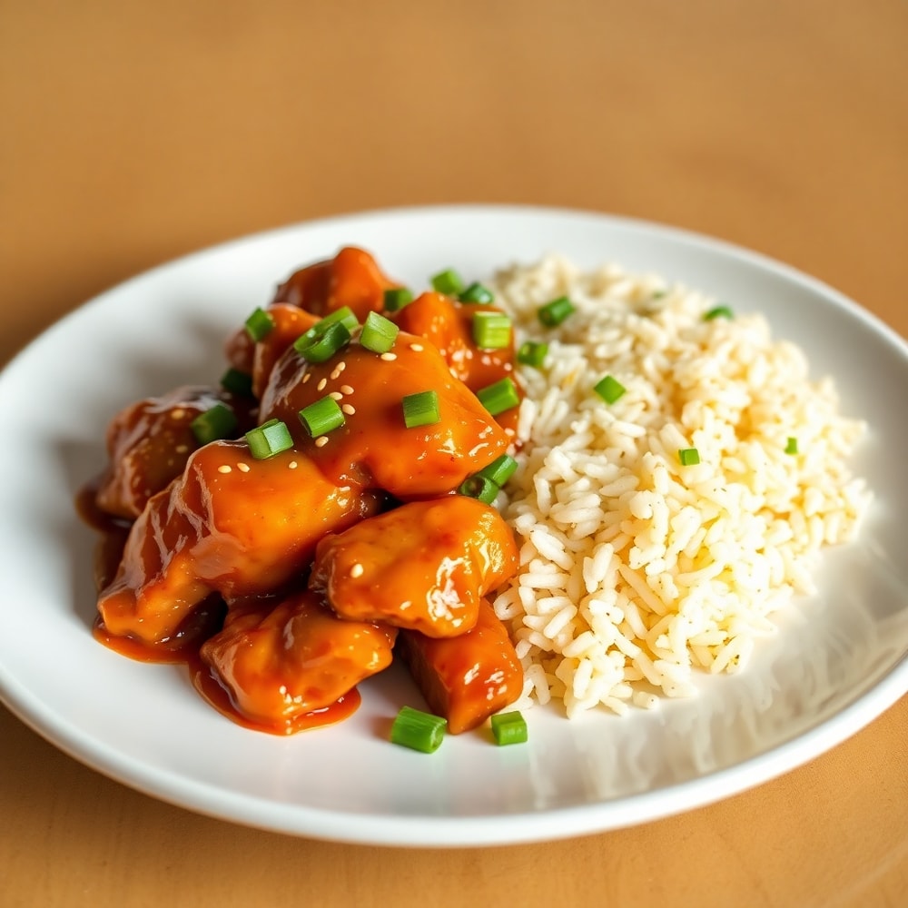 Plated Honey BBQ Chicken and Rice with green onions