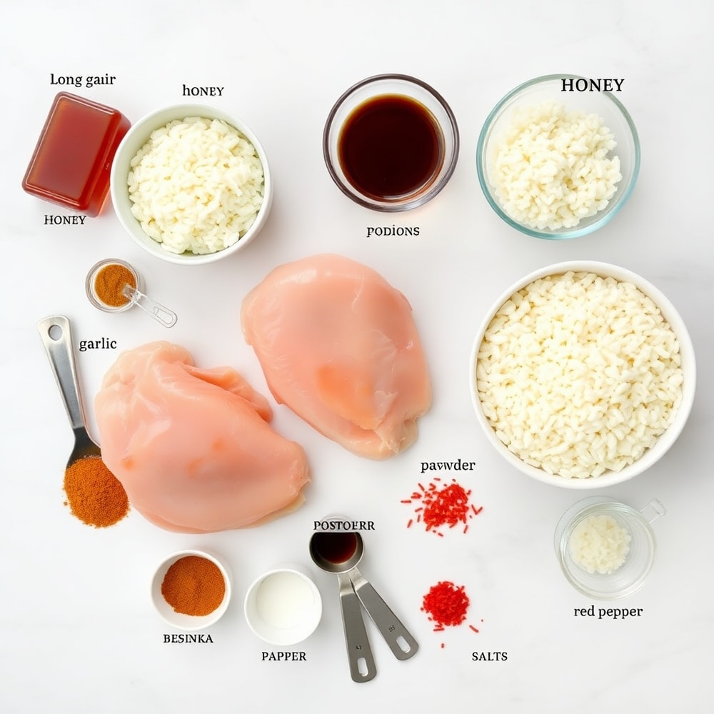 Raw ingredients for Honey BBQ Chicken and Rice on a marble surface