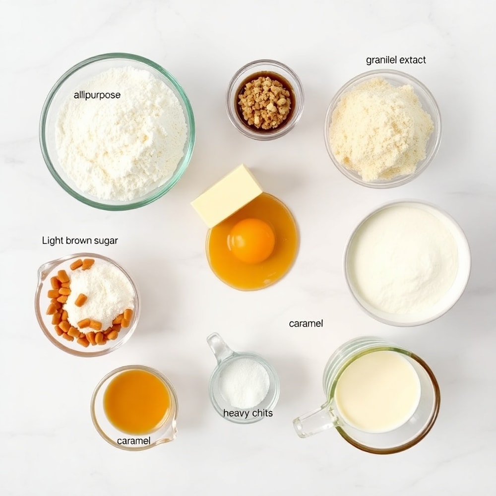 Raw ingredients for Indulgent Caramel Crush Bars on a white marble surface