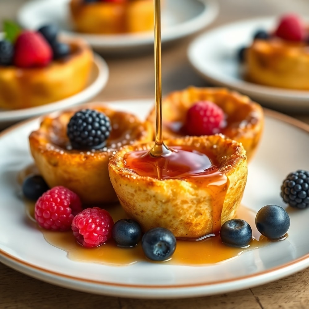 French Toast Cups plated with syrup and fresh berries