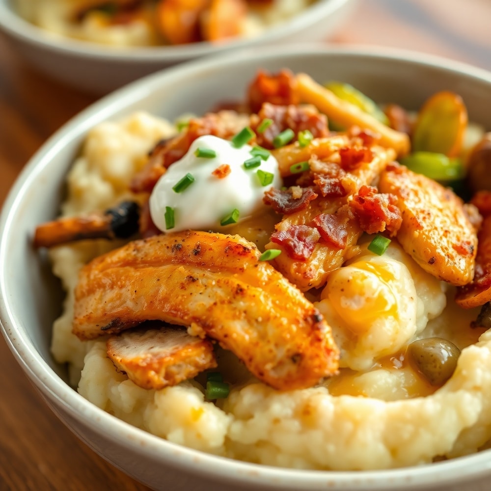 Plated juicy grilled chicken mashed potato bowl with crispy veggies