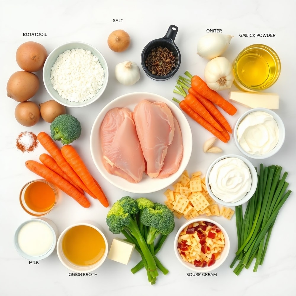 Raw ingredients for juicy grilled chicken mashed potato bowls