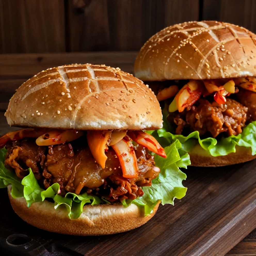 Plated Korean Fire Chicken Sandwiches with a side of fries