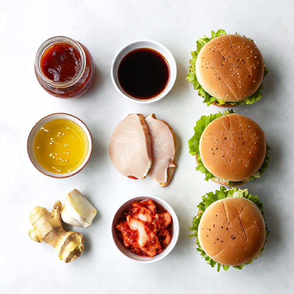 Raw ingredients for Korean Fire Chicken Sandwiches arranged on a marble surface