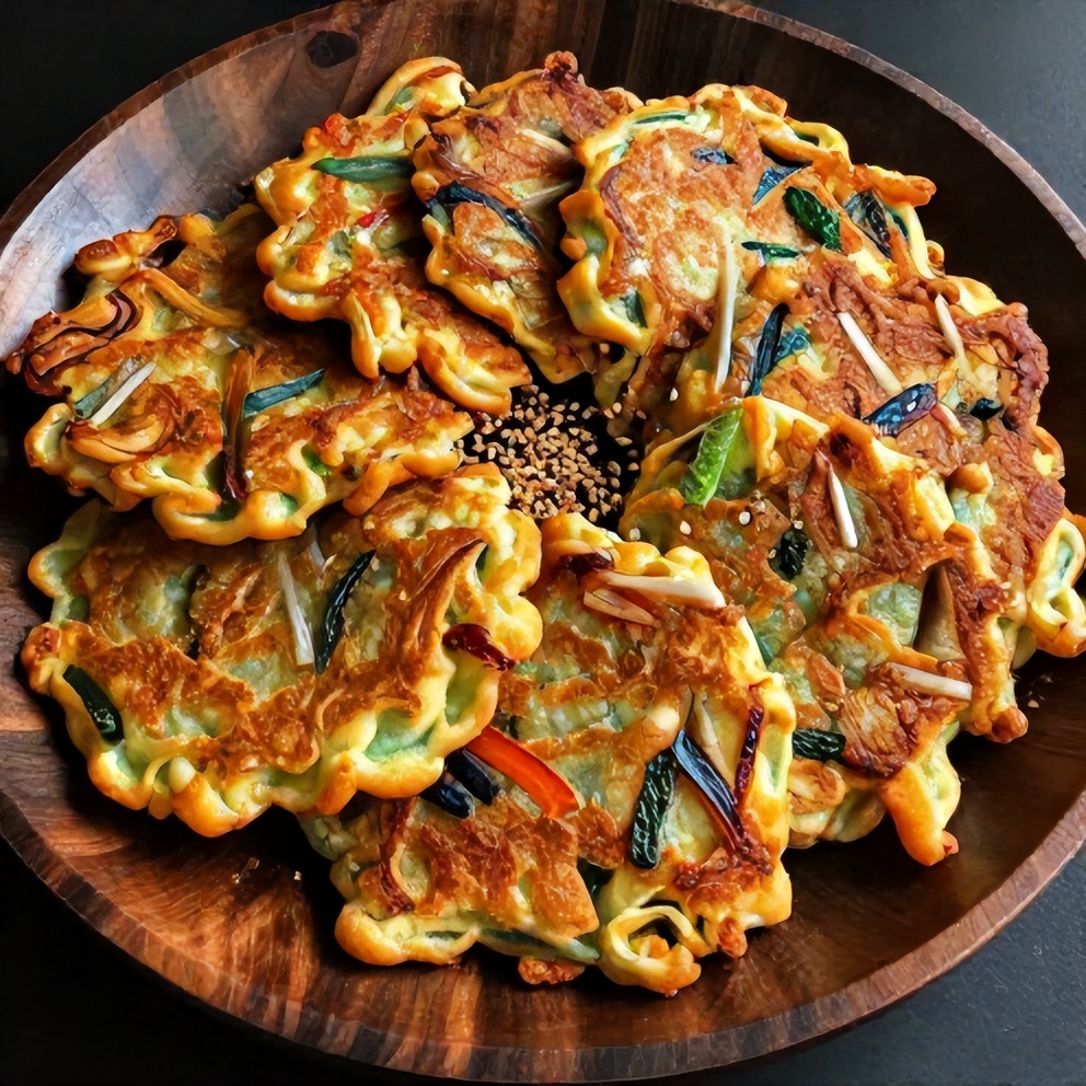 Plated Korean pancakes with dipping sauce