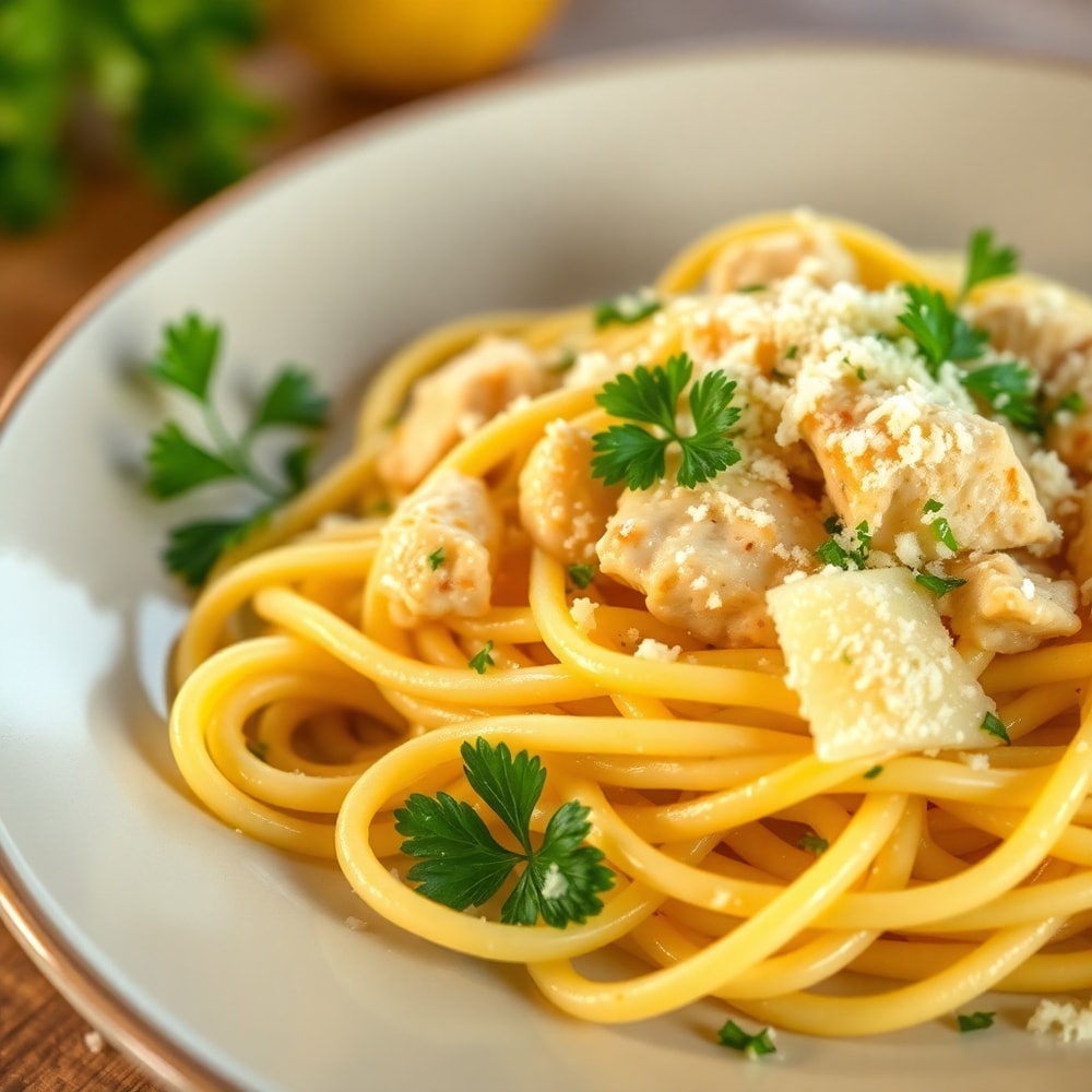 Lemon Chicken Pasta plated with fresh parsley and grated Parmesan