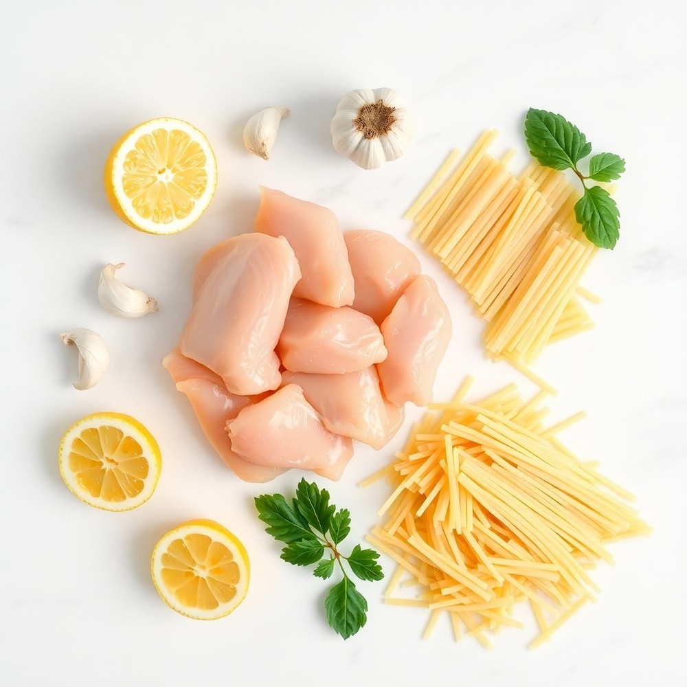 Raw ingredients for Lemon Chicken Pasta including chicken, garlic, lemon, and pasta