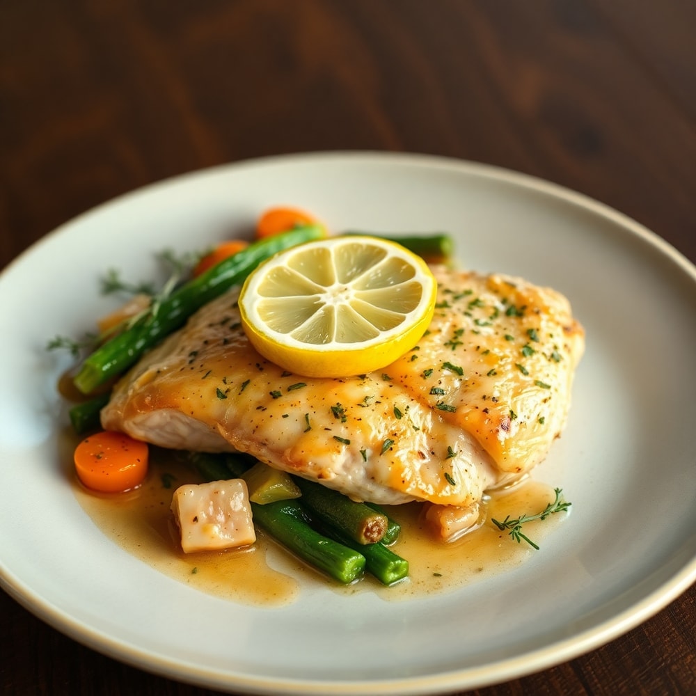 Plated Lemon Herb Chicken and Vegetables with lemon slices