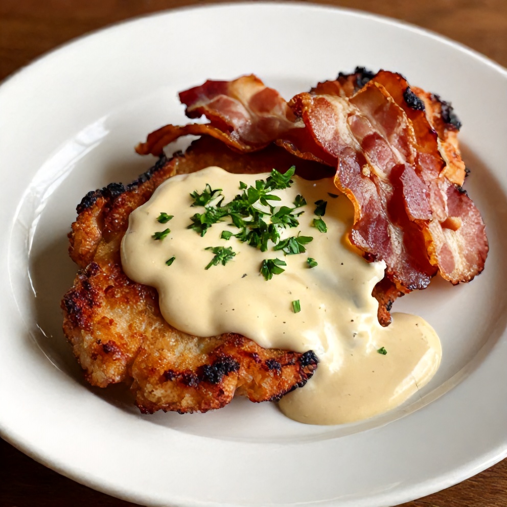Plated maple bacon pork chops with creamy dijon sauce