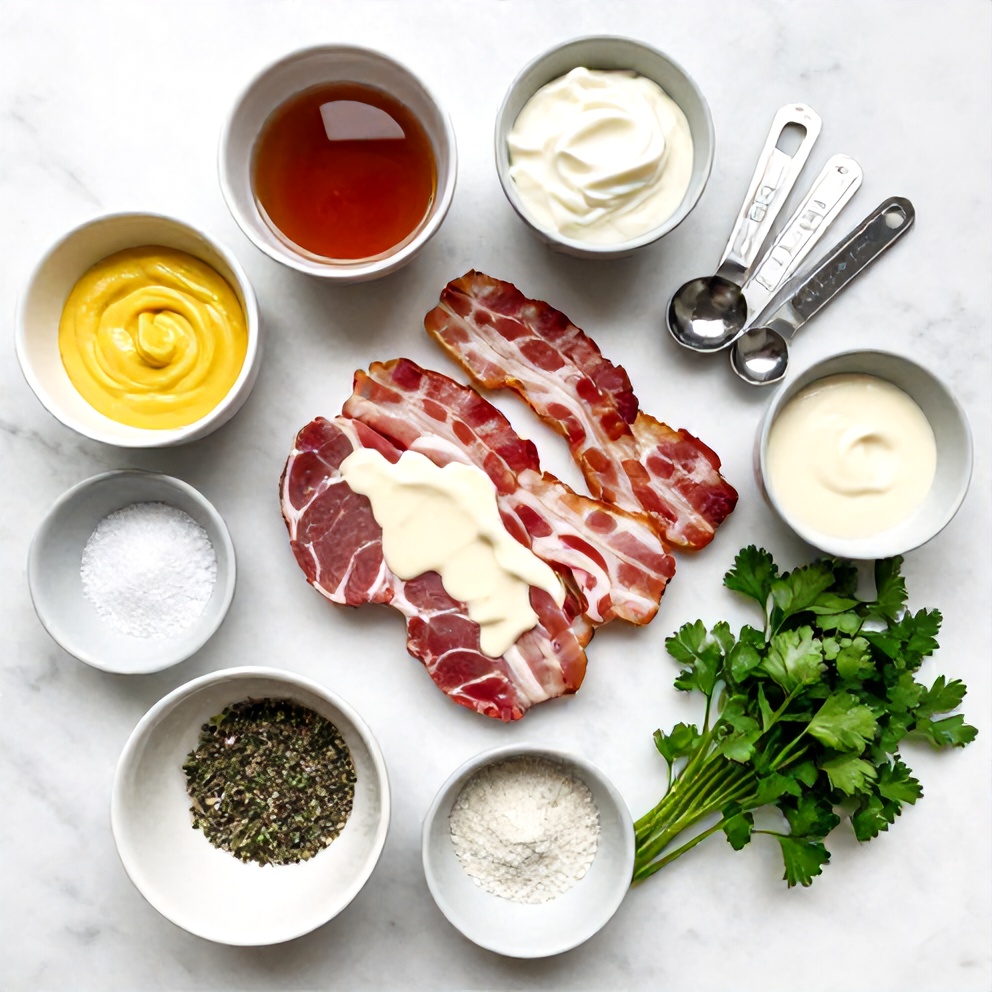 Raw ingredients for maple bacon pork chops with creamy dijon sauce