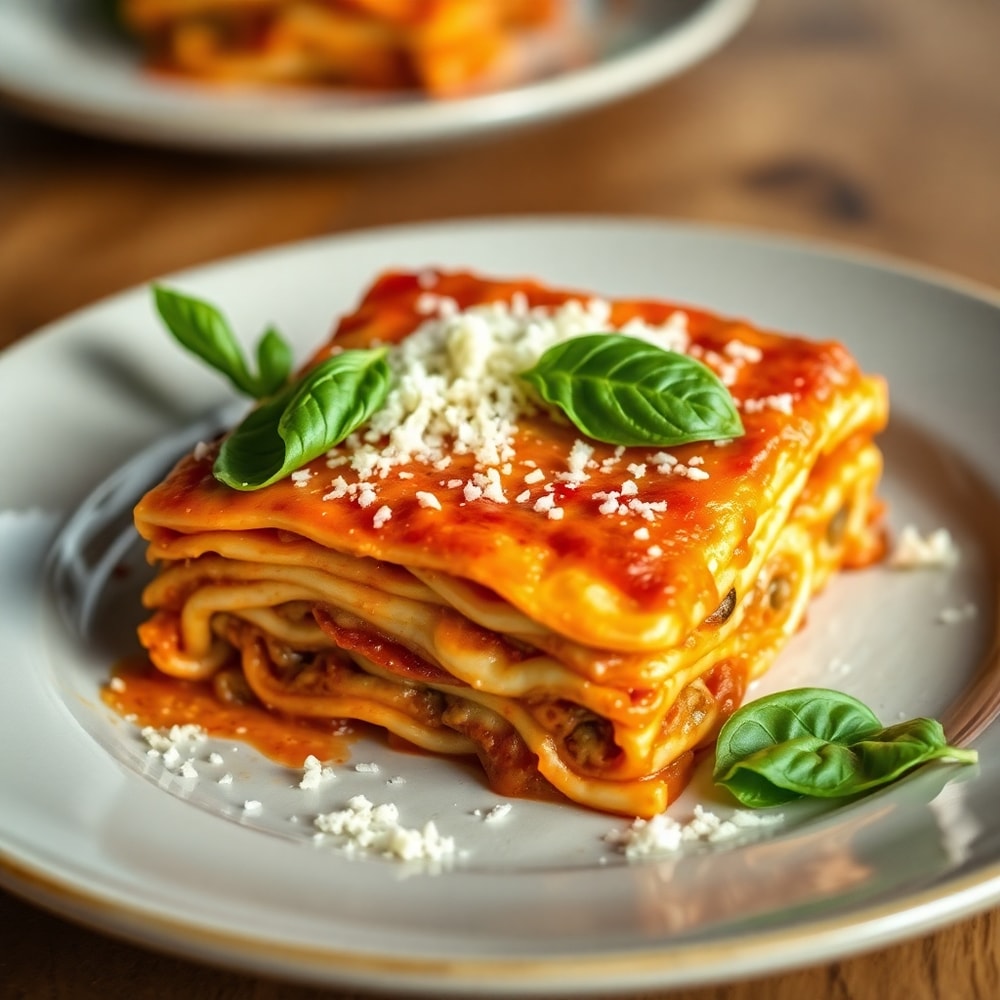 Plated Million Dollar Lasagna with fresh basil and grated Parmesan