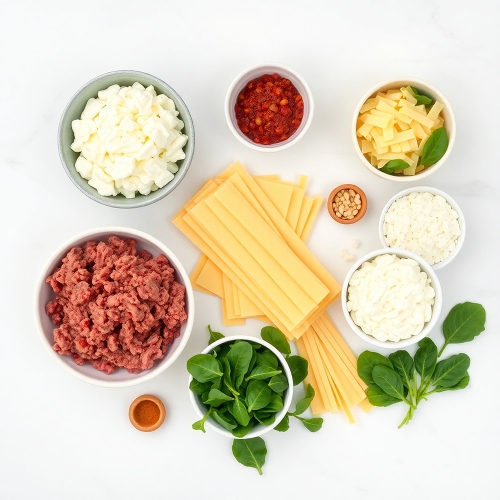 Raw ingredients for Million Dollar Lasagna including ground beef, lasagna noodles, ricotta cheese, and spinach