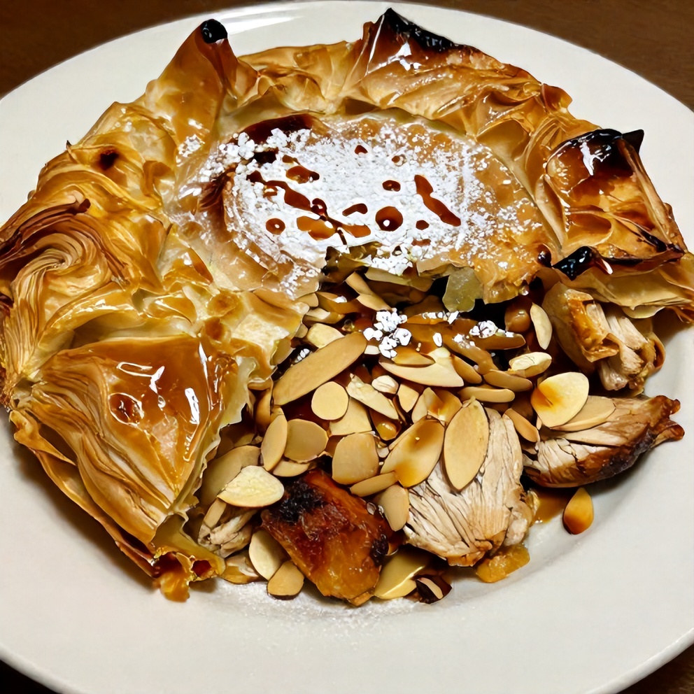 Plated Moroccan Chicken Bastilla Pie with Phyllo and Almonds