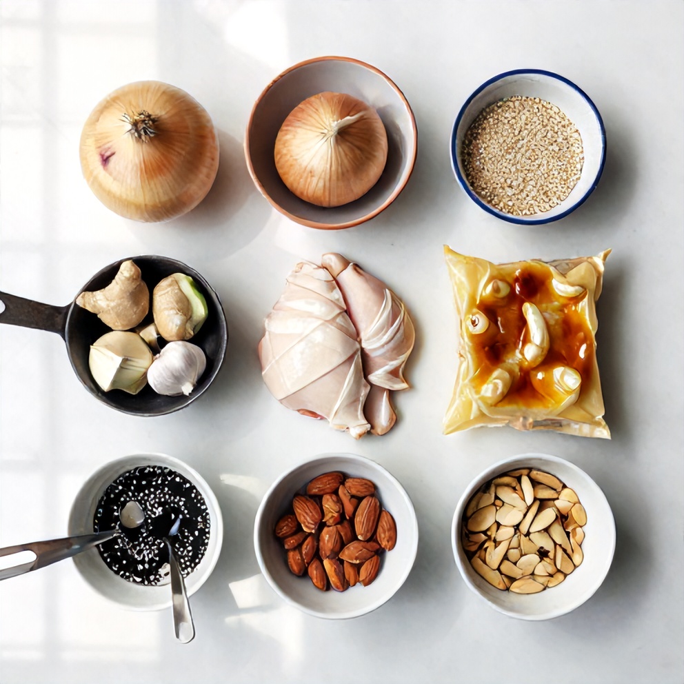 Raw ingredients for Moroccan Chicken Bastilla Pie with Phyllo and Almonds