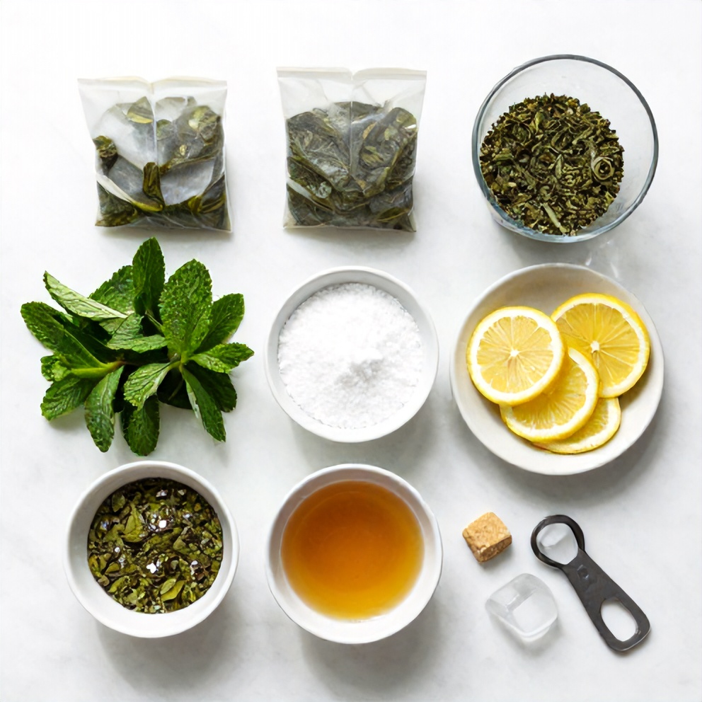 Raw ingredients for Moroccan mint iced green tea on a marble surface