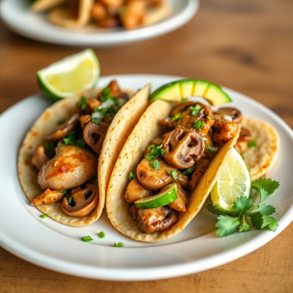 Mushroom Tacos plated with avocado and lime